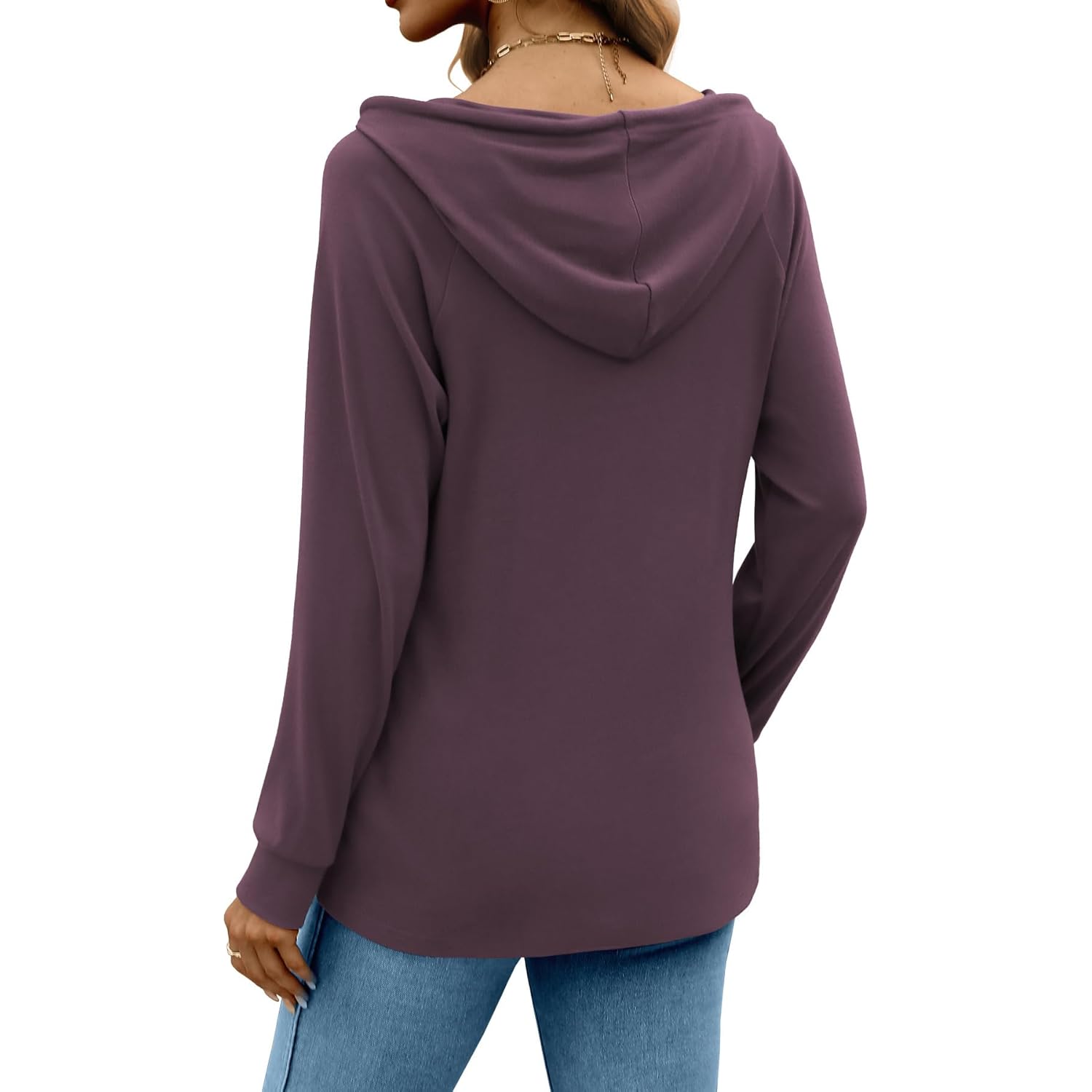 Women’s V-Neck Button Hoodie – Casual Long Sleeve Pullover Top