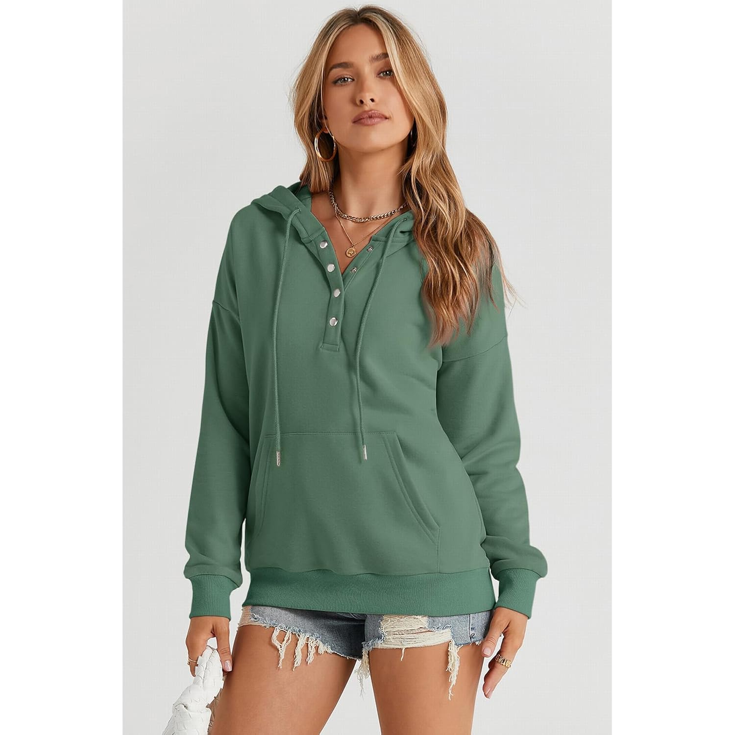 Women’s Button Collar Hoodie – Casual Drawstring Pullover Sweatshirt