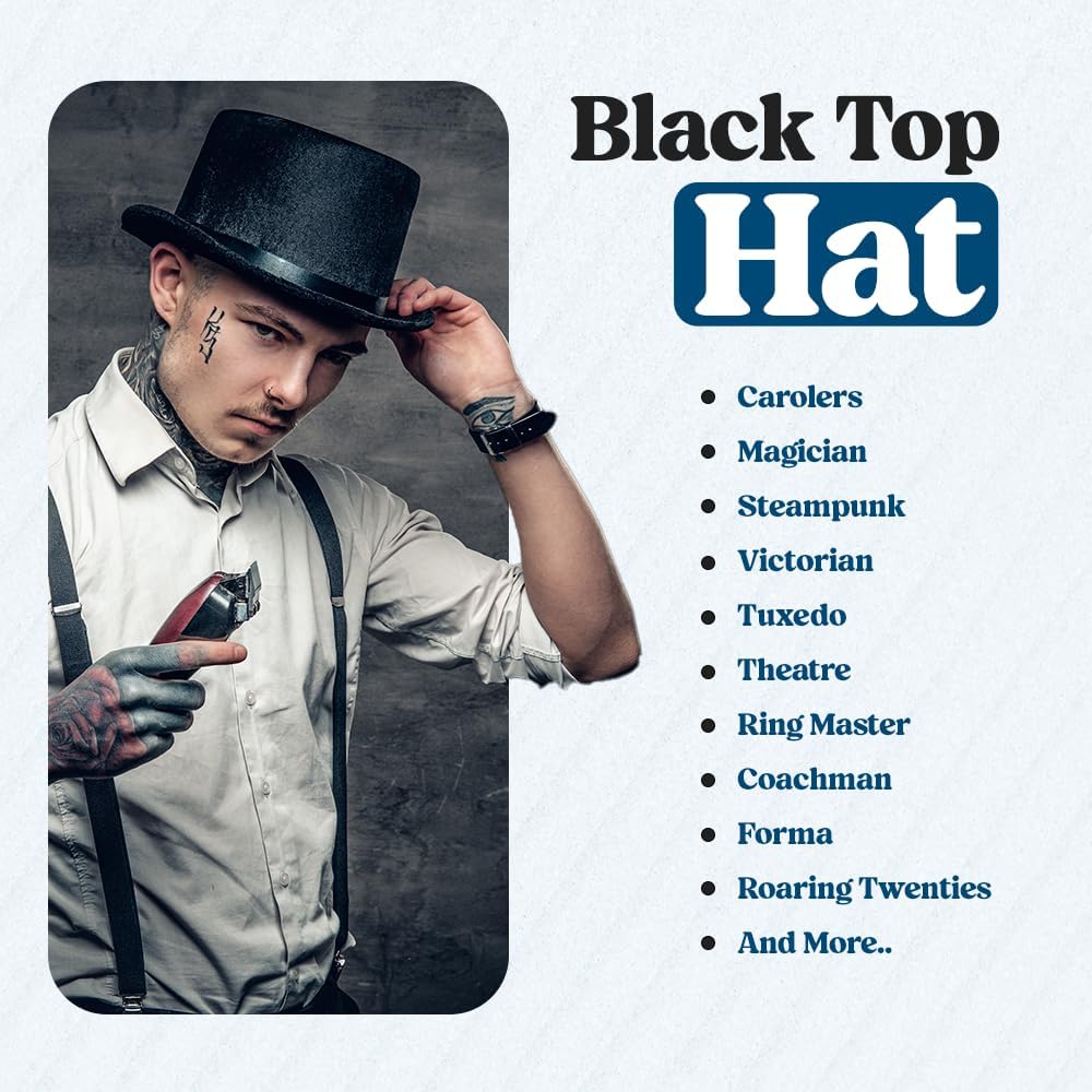 Funny Party Hats Black Top Hat - Victorian Hat for Men - Felt Tuxedo Costume Hat - Coachman Hat - Dress Up Hat