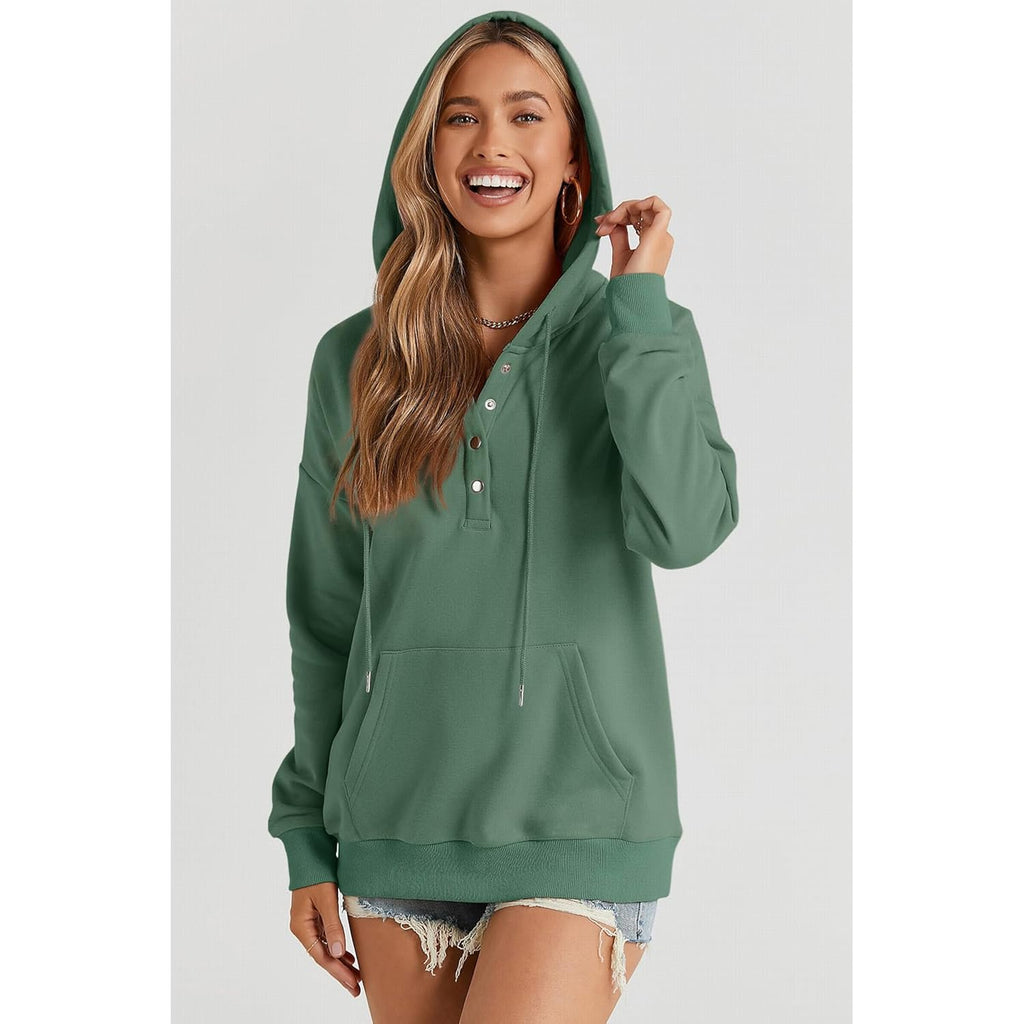 Women’s Button Collar Hoodie – Casual Drawstring Pullover Sweatshirt