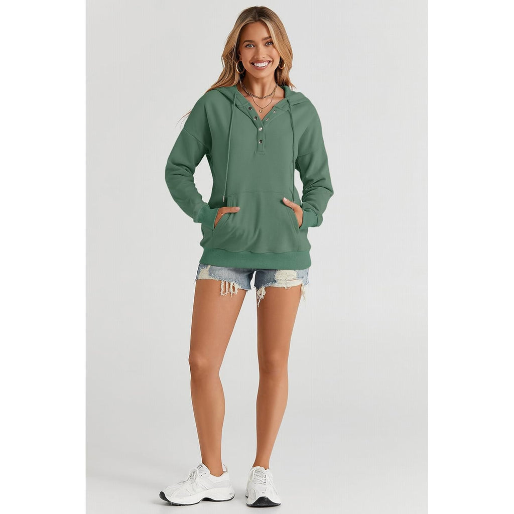 Women’s Button Collar Hoodie – Casual Drawstring Pullover Sweatshirt
