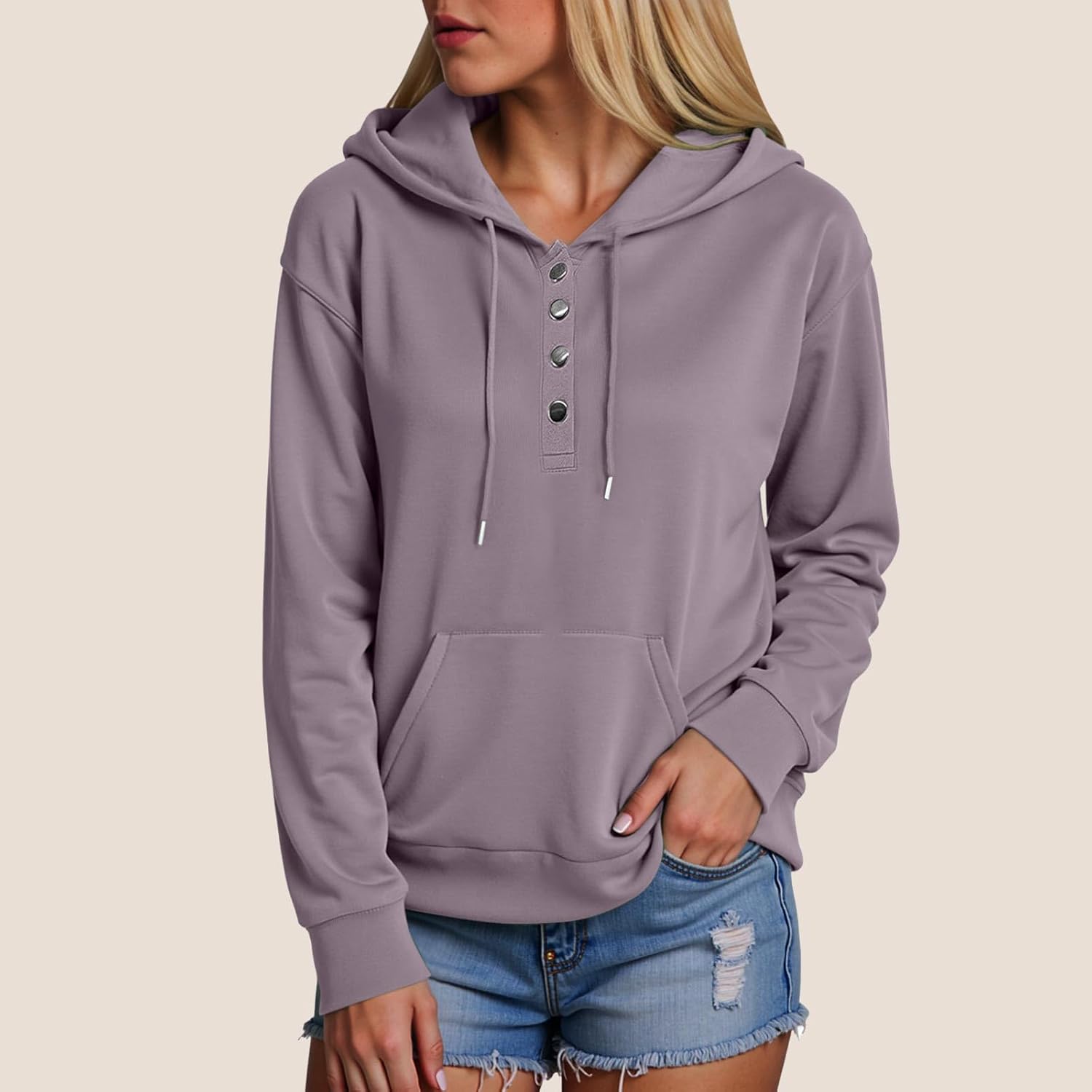 Women’s Button Collar Hoodie – Casual Long Sleeve Pullover Sweatshirt