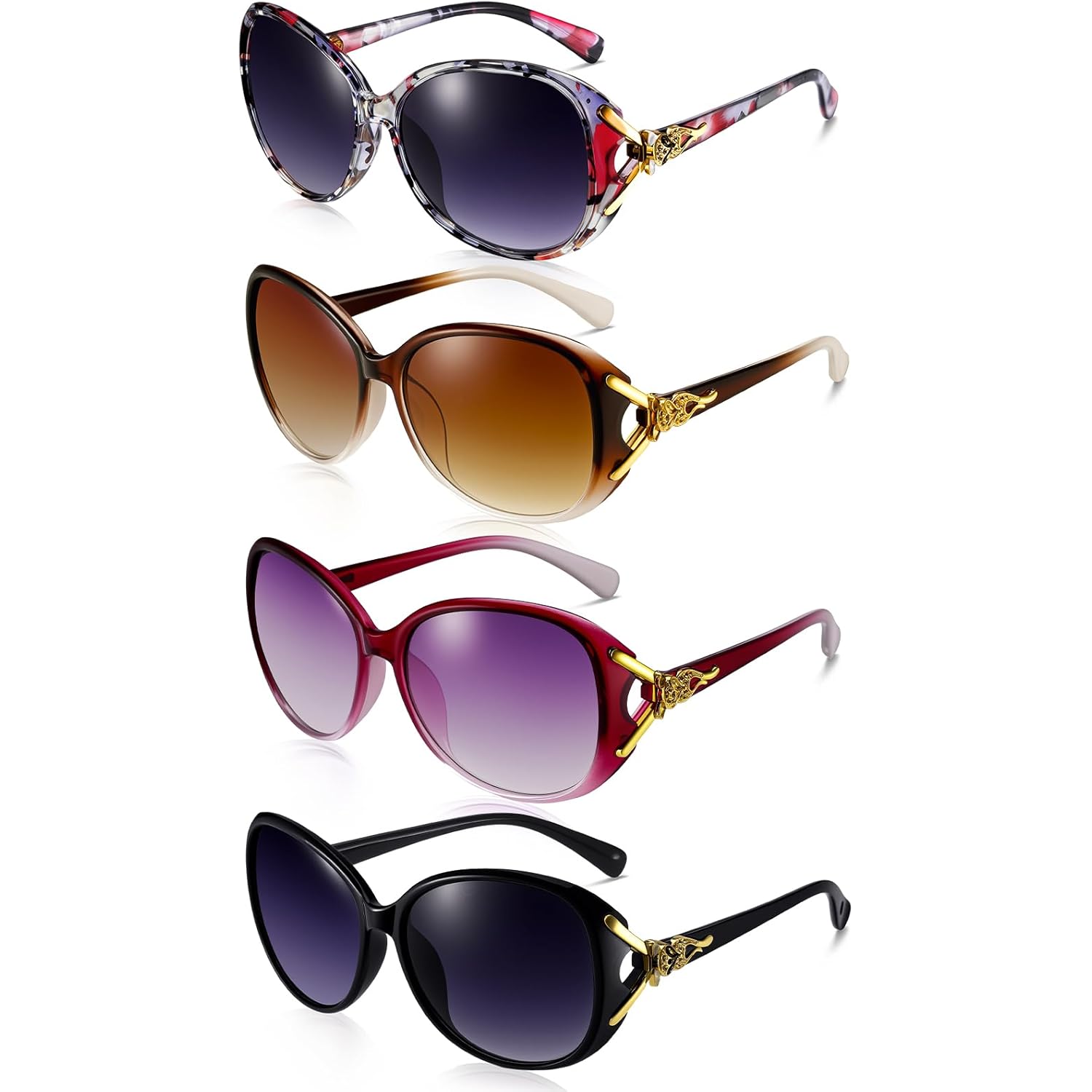 Pack Trendy Round Polarized Sunglasses For Women Men, Retro Cat Eye Oversized Sun Glasses Protection For Outdoor(Black, Brown, Purple, Floral)