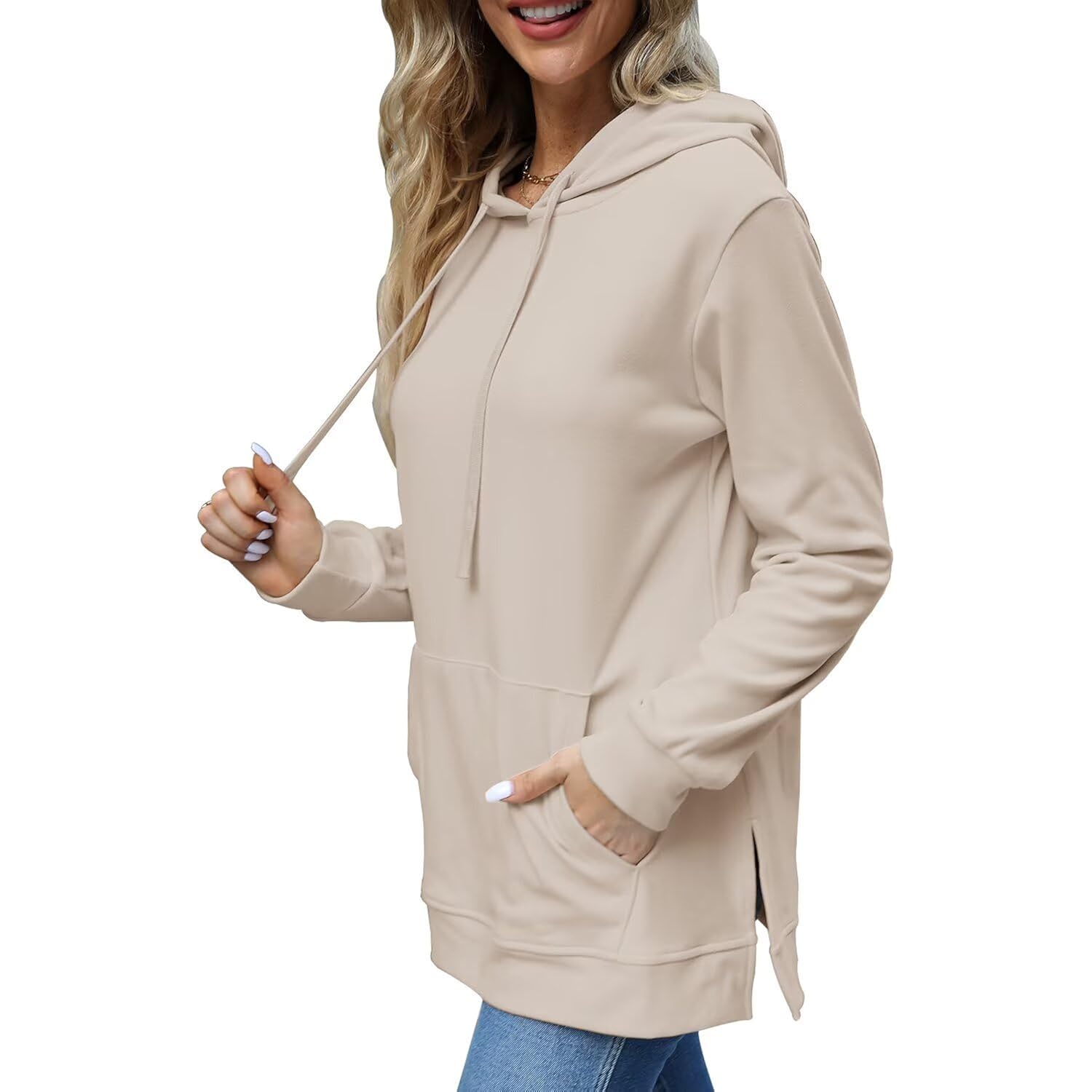 Women’s Split Hem Hoodie – Casual Long Sleeve Sweatshirt with Pockets