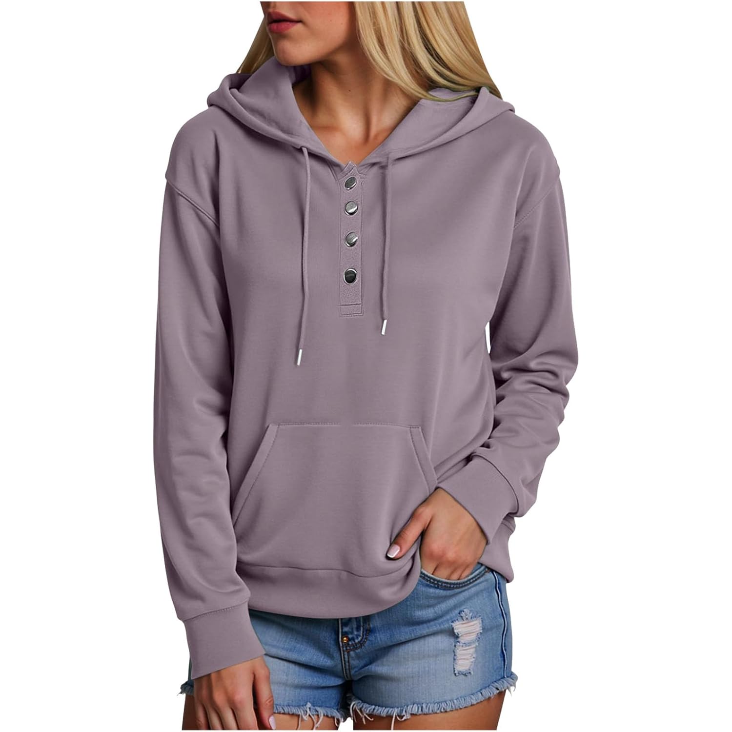 Women’s Button Collar Hoodie – Casual Long Sleeve Pullover Sweatshirt
