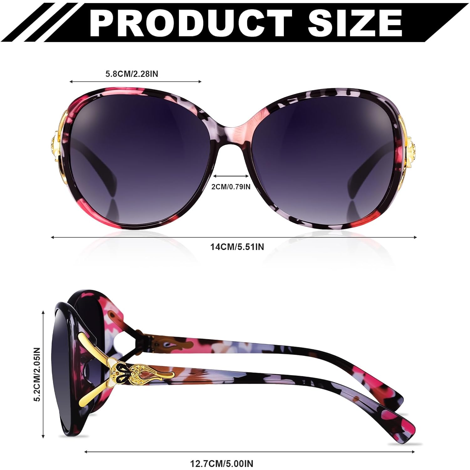 Pack Trendy Round Polarized Sunglasses For Women Men, Retro Cat Eye Oversized Sun Glasses Protection For Outdoor(Black, Brown, Purple, Floral)