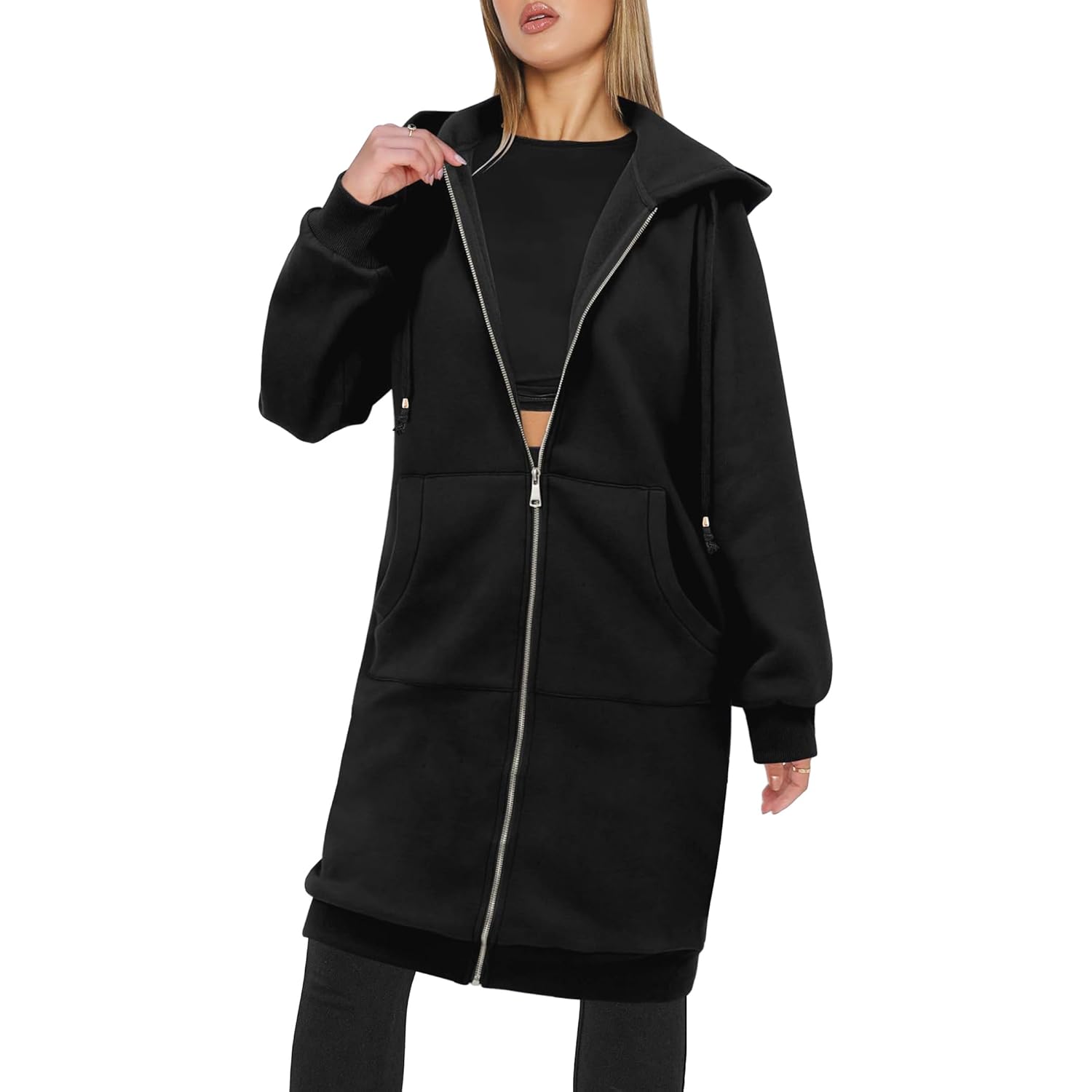 Women’s Long Fleece Zip-Up Hoodie – Oversized Tunic Sweatshirt Jacket