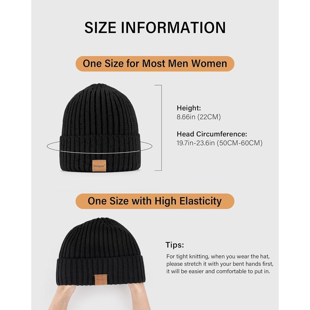 Nertpow Mens Beanie Hats 3 Pack, Winter Hats for Men Women Warm Thermal Fleece Lined, Thick Knit Fashion Skull Cap for Guys