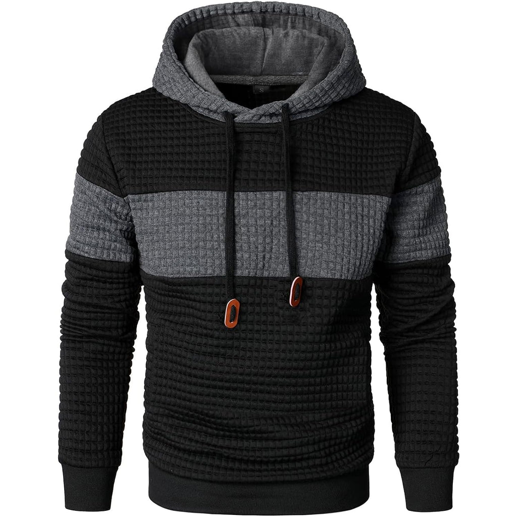 Men’s Sweatshirts Long Sleeve Pullover Patchwork Plaid Jacquard Hoodie Casual Drawstring Hoody Top