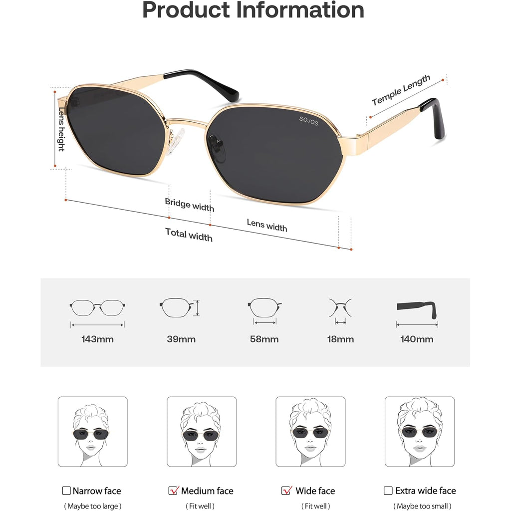 Sojos Trendy Polarized Hexagon Sunglasses For Women Men, Retro Rectangle Shades