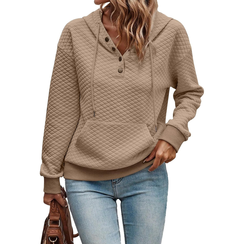 Women’s Quilted Half-Button Hoodie – Casual Long Sleeve Pullover