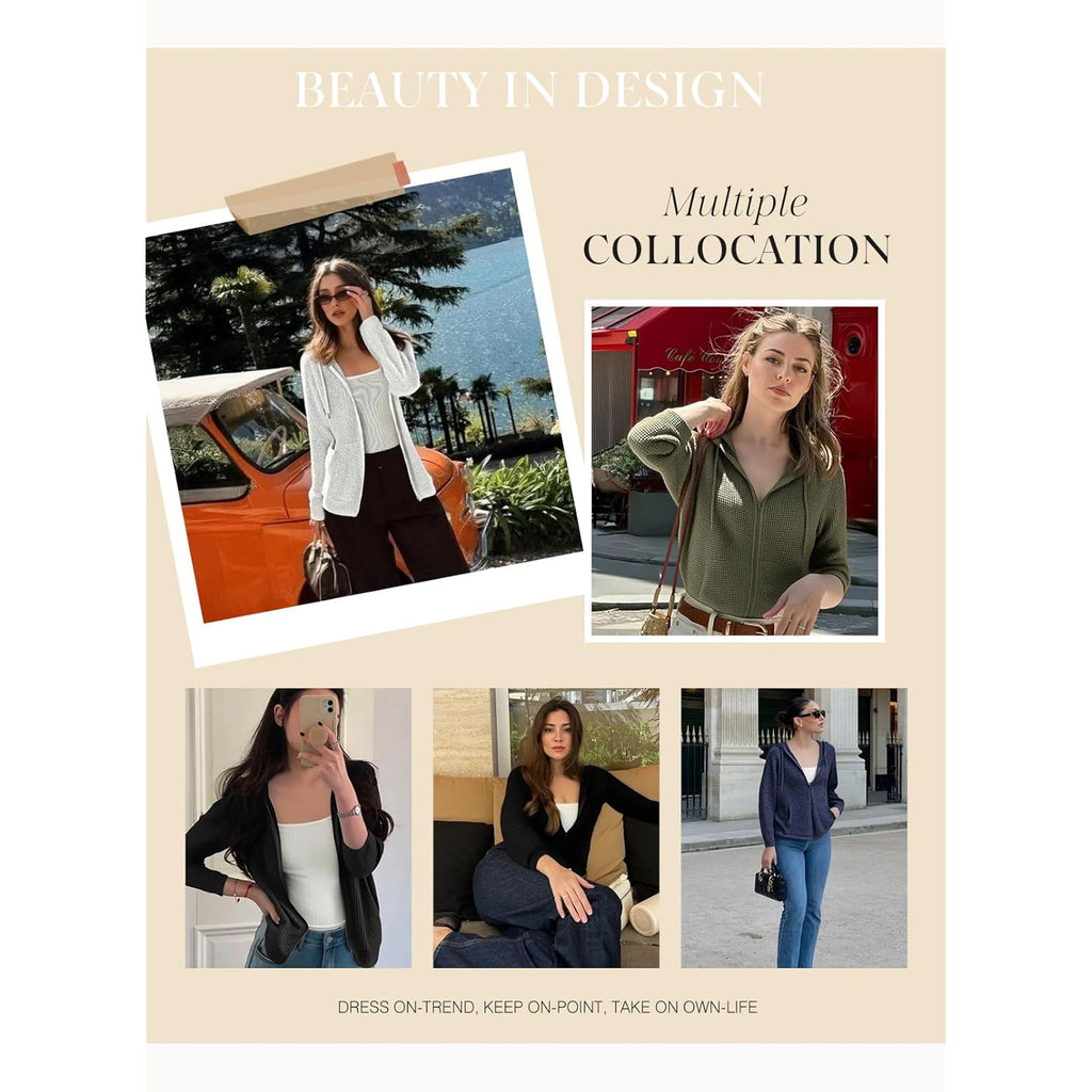 Women’s Waffle Knit Zip-Up Hoodie – Long Sleeve Casual Sweatshirt