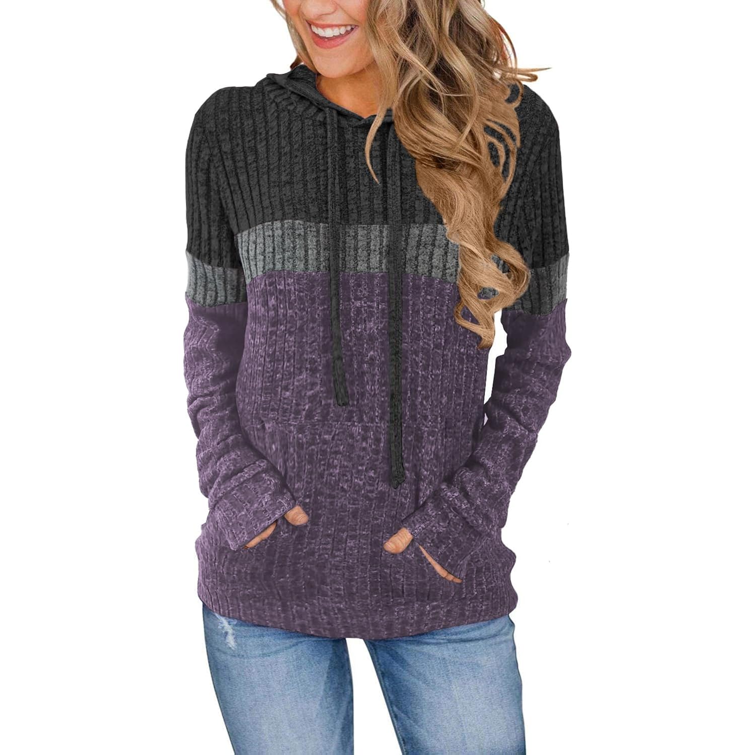 Women’s Color Block Knit Hoodie – Soft Long Sleeve Pullover Top