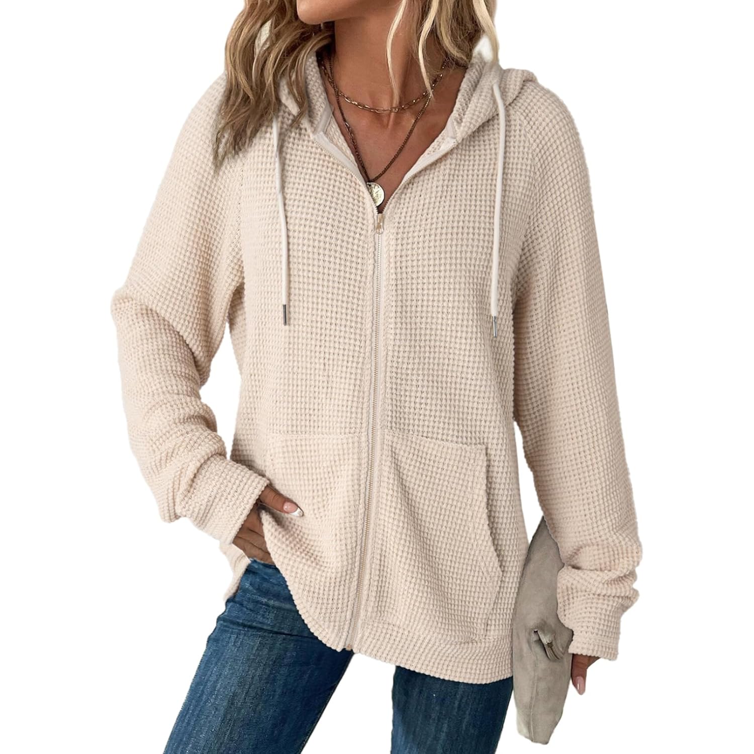 Women’s Waffle Knit Zip-Up Hoodie – Long Sleeve Casual Sweatshirt
