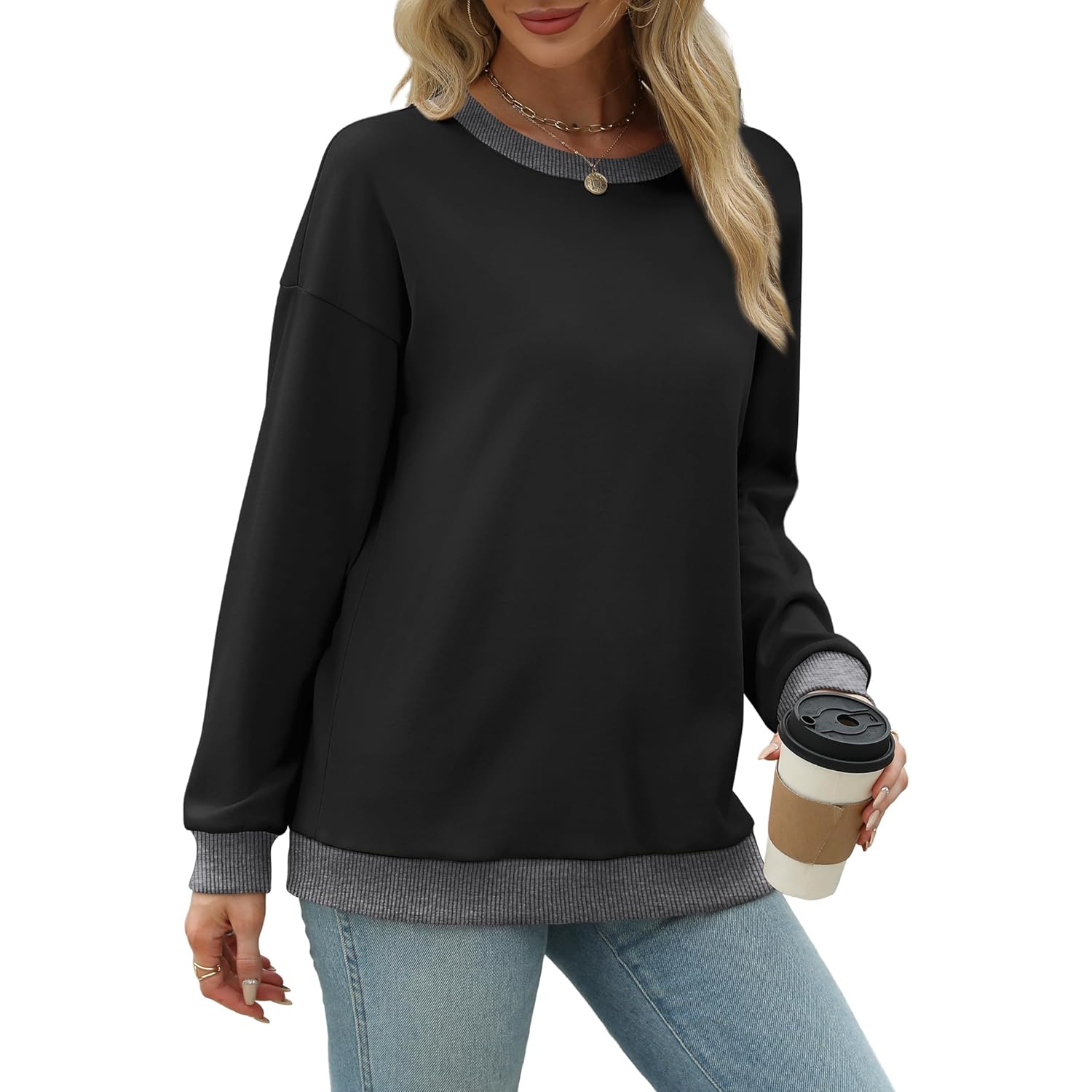 Women’s Color Block Crewneck Sweatshirt – Loose Fit Fashion Top