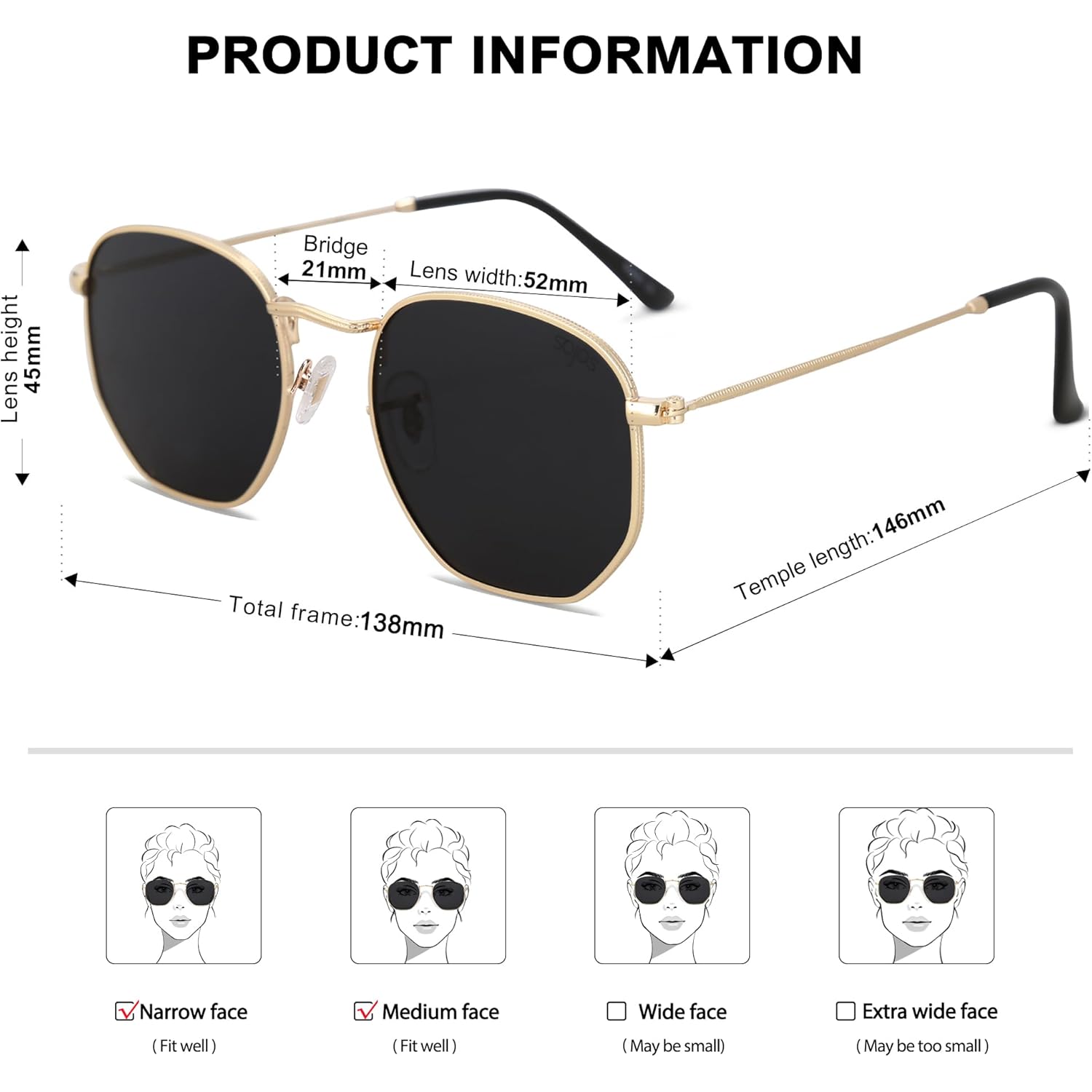 Sojos Square Polarized Sunglasses For Women Men Small Hexagonal Polygon Shades