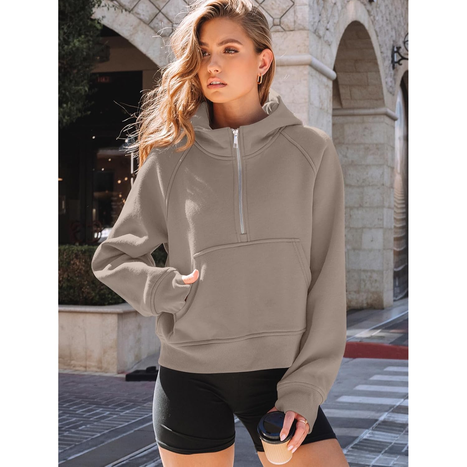 Women’s Fleece Half-Zip Hoodie – Oversized Workout Sweatshirt