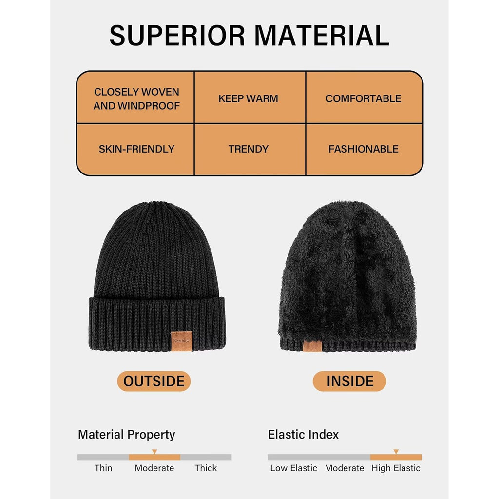 Nertpow Mens Beanie Hats 3 Pack, Winter Hats for Men Women Warm Thermal Fleece Lined, Thick Knit Fashion Skull Cap for Guys