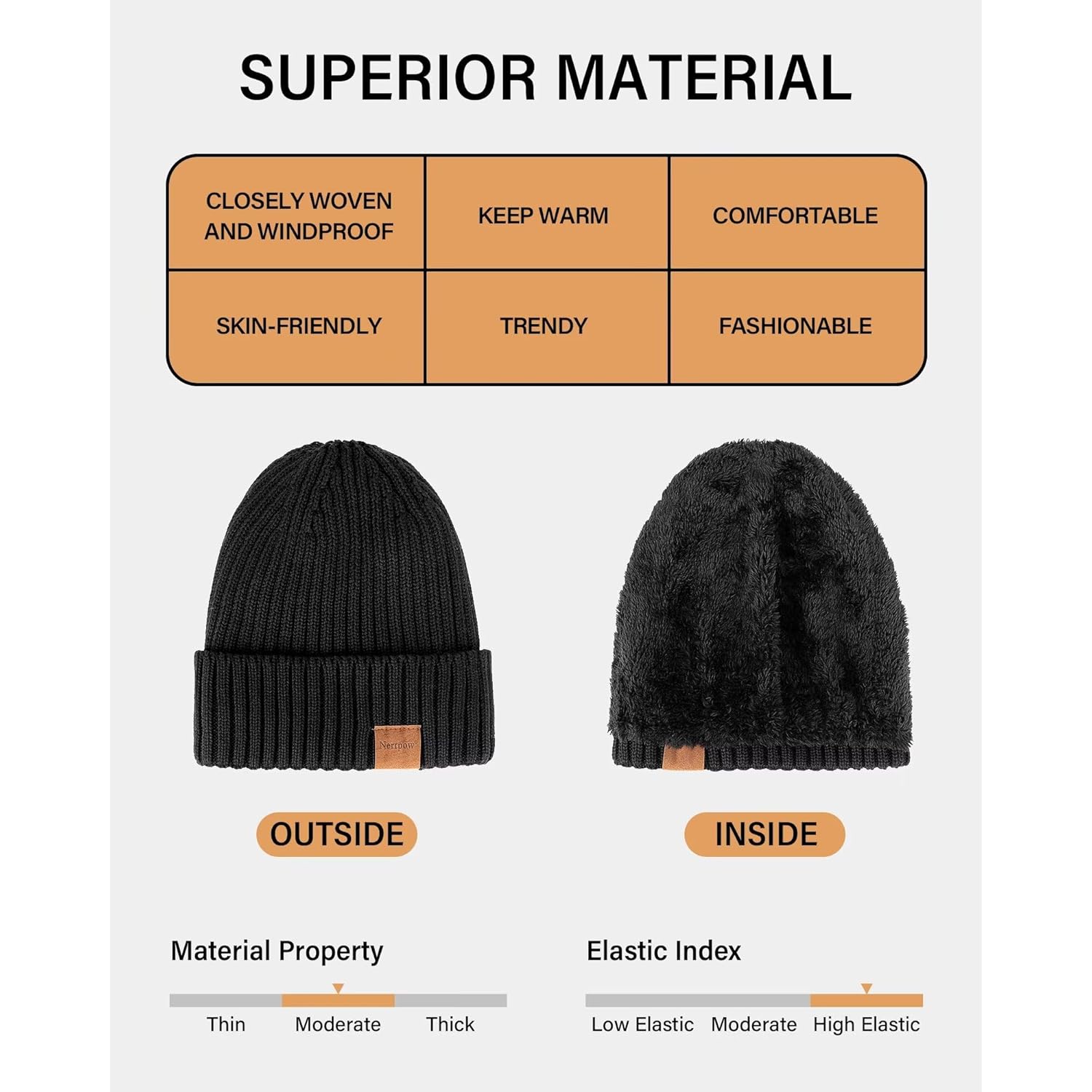 Nertpow Mens Beanie Hats 3 Pack, Winter Hats for Men Women Warm Thermal Fleece Lined, Thick Knit Fashion Skull Cap for Guys