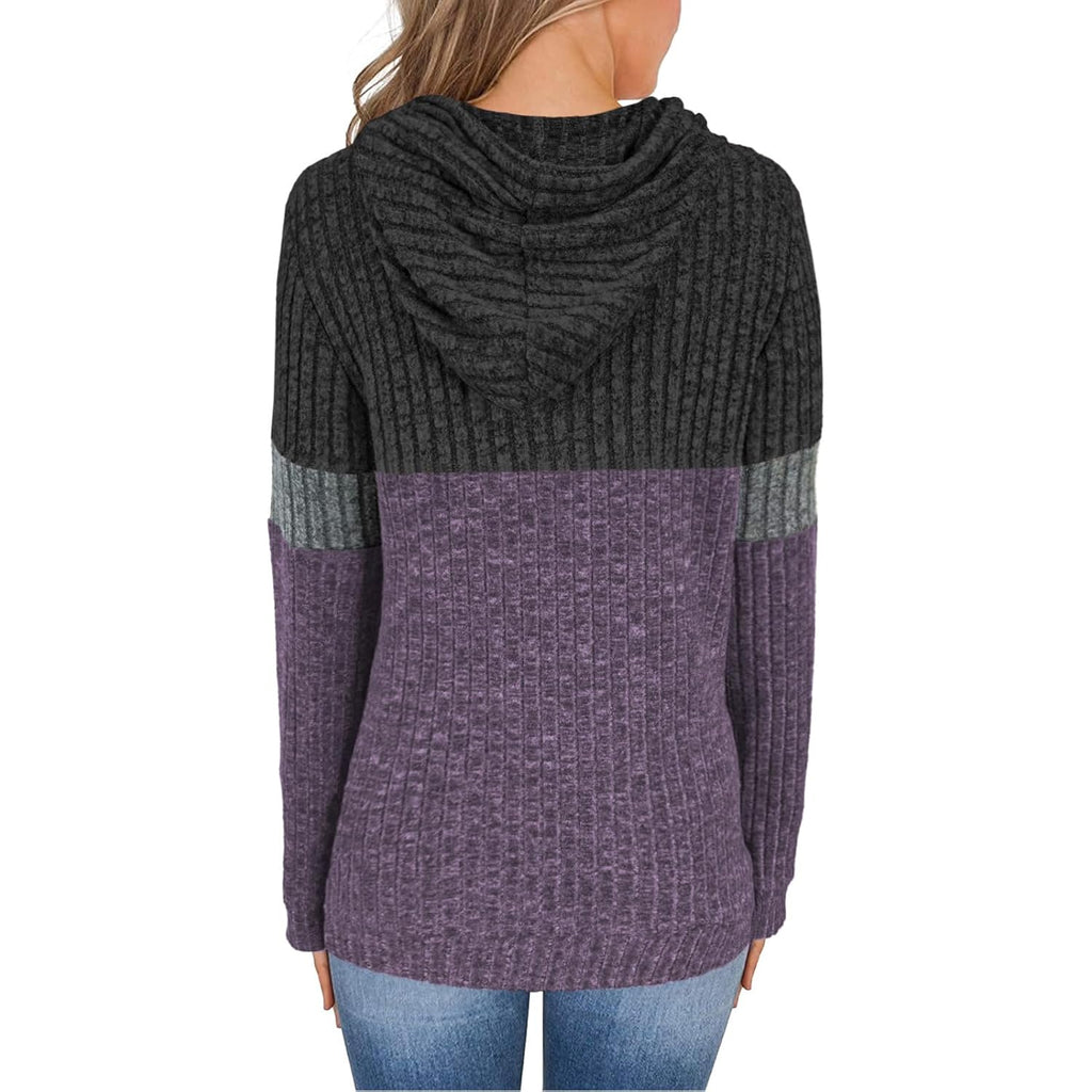 Women’s Color Block Knit Hoodie – Soft Long Sleeve Pullover Top