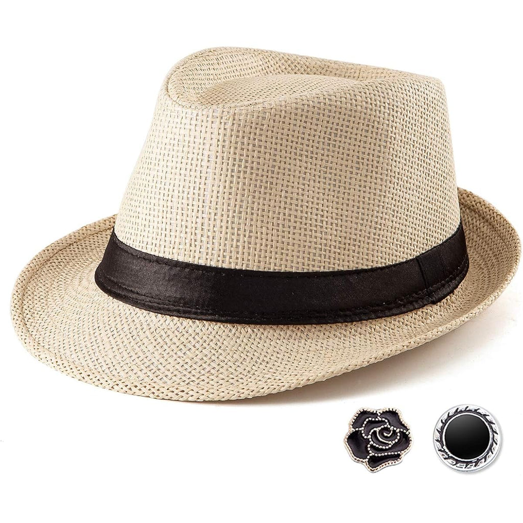 LADYBRO Straw Trilby Fedora Hat for Men 1920s Short Brim Wool Felt Panama Cap 7 1/4