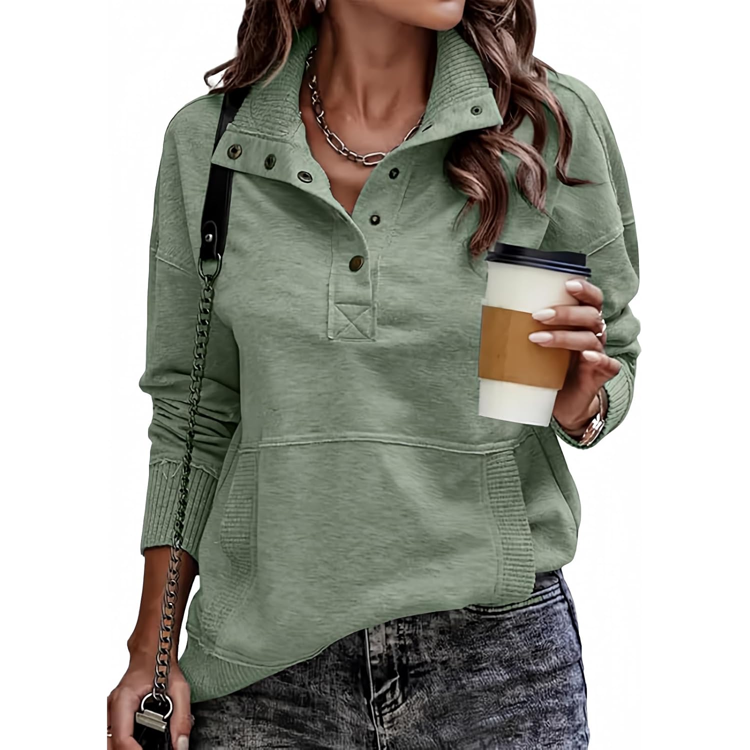 Women’s Long Sleeve Stand Neck Sweatshirt – Lightweight Button Pullover