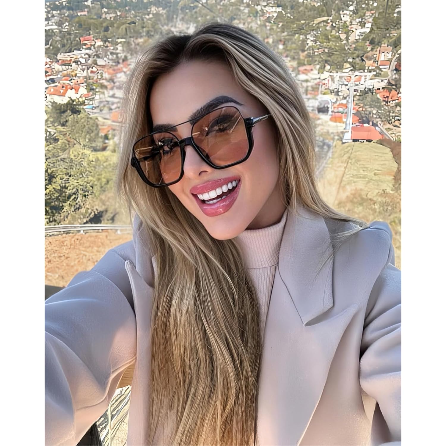 Retro Oversized Aviator Sunglasses For Women Men Square Double Bridge Pilot Sun Glasses Trendy Shades