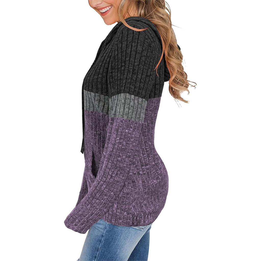 Women’s Color Block Knit Hoodie – Soft Long Sleeve Pullover Top