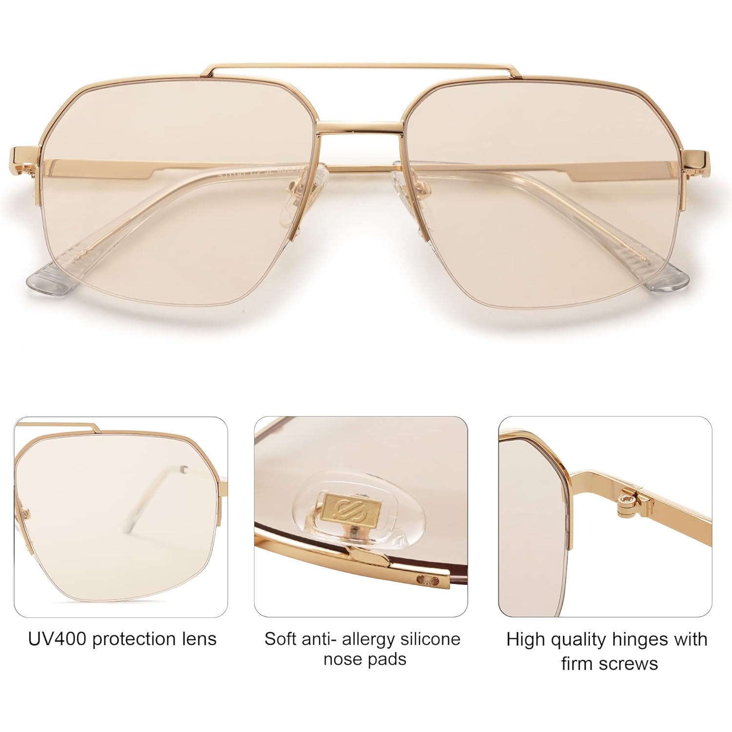 Sojos Trendy Aviator Sunglasses Mens Womens Retro Double Bridge Metal Frame Semi-Rimless Shades