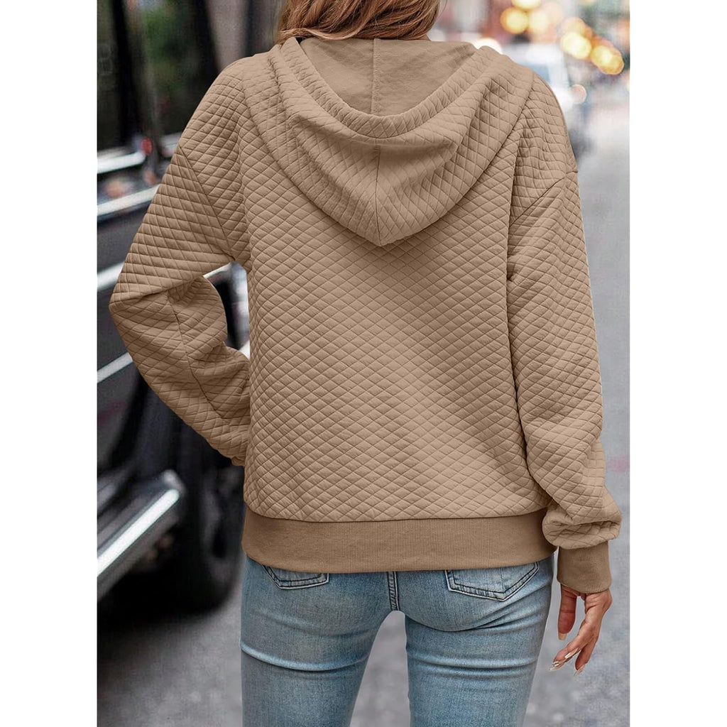 Women’s Quilted Half-Button Hoodie – Casual Long Sleeve Pullover