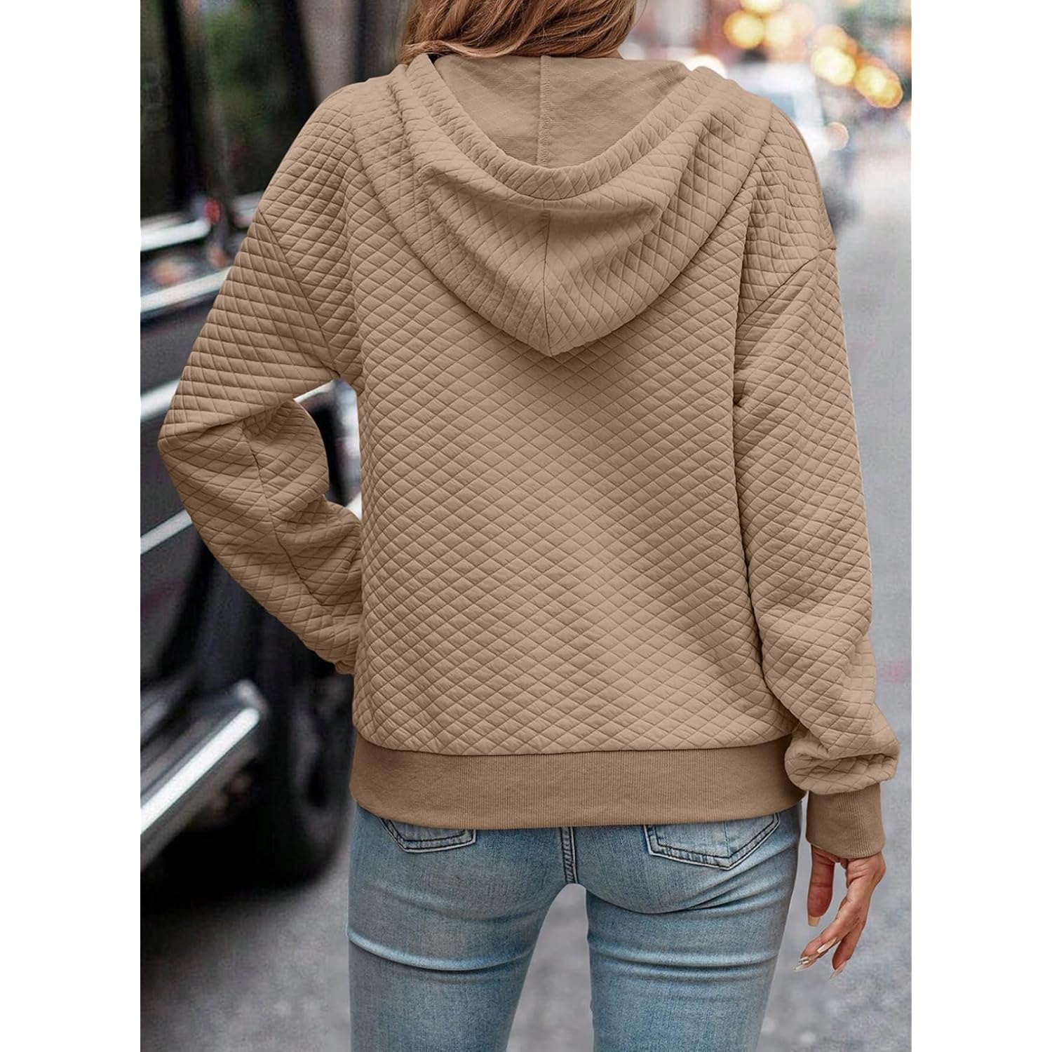 Women’s Quilted Half-Button Hoodie – Casual Long Sleeve Pullover