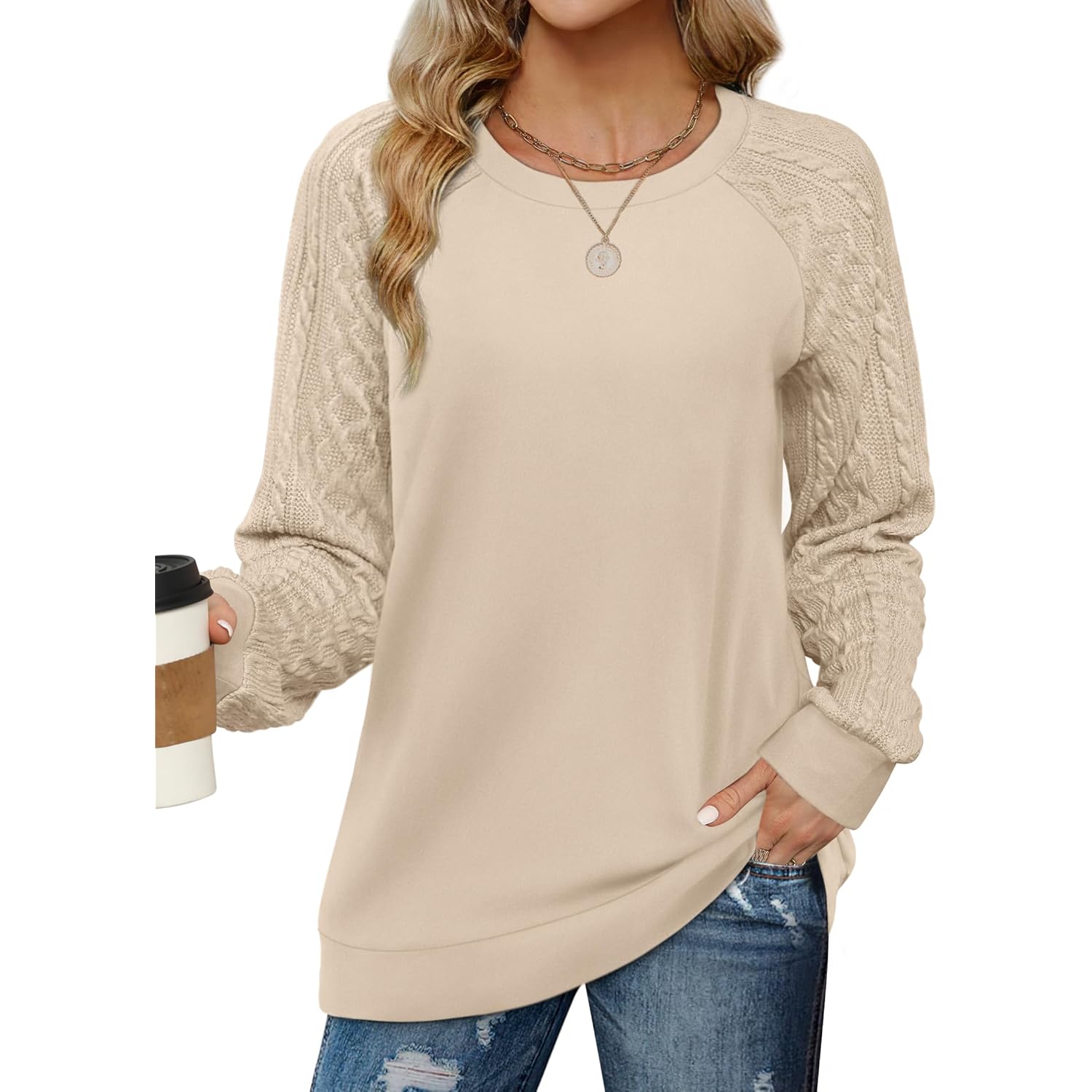 Women’s Crewneck Sweatshirt – Cable Knit Sleeve Pullover