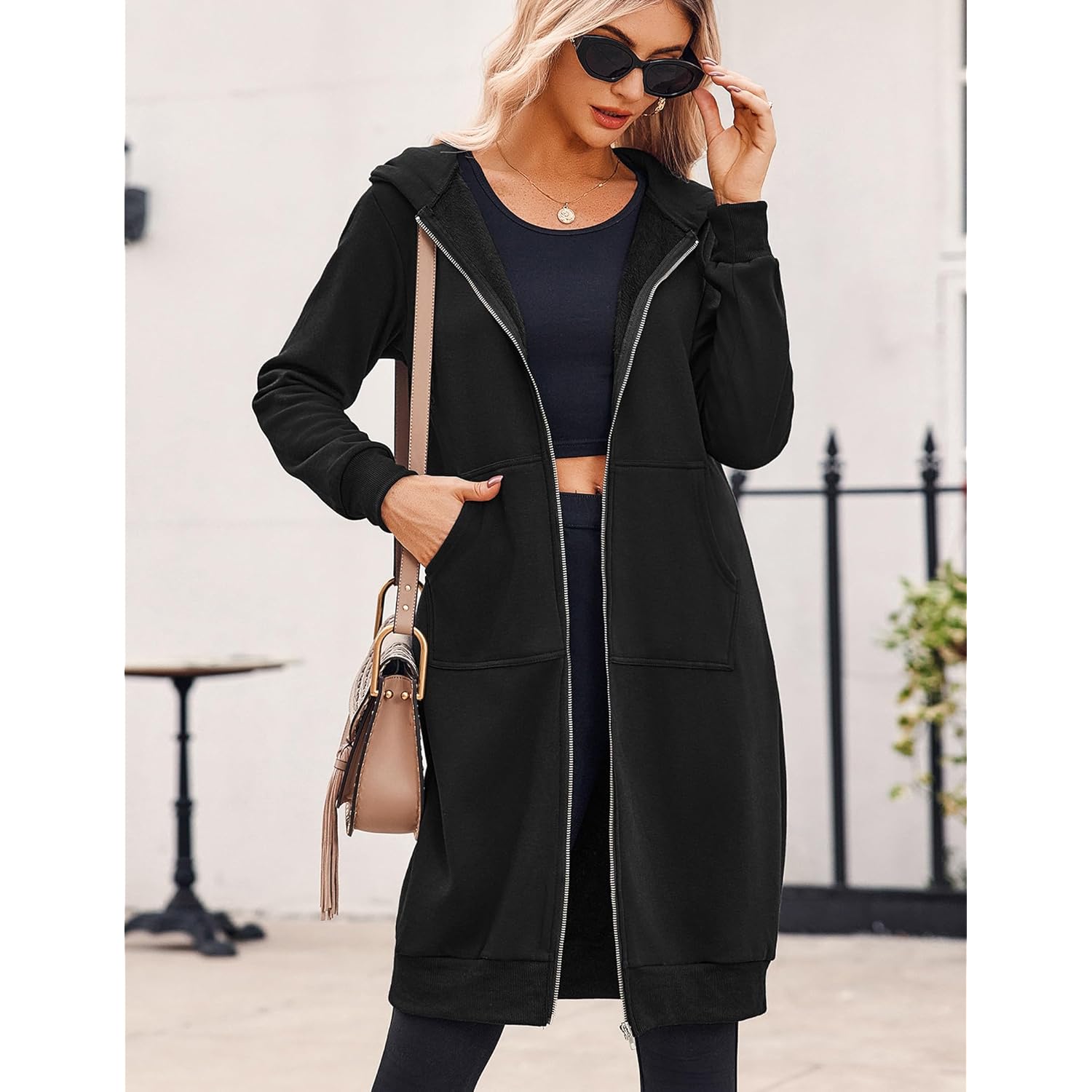 Women’s Long Fleece Zip-Up Hoodie – Oversized Tunic Sweatshirt Jacket