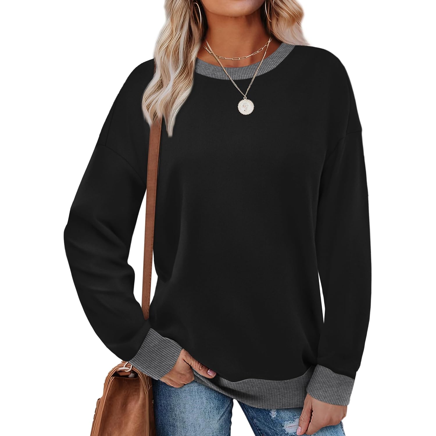 Women’s Color Block Crewneck Sweatshirt – Loose Fit Fashion Top