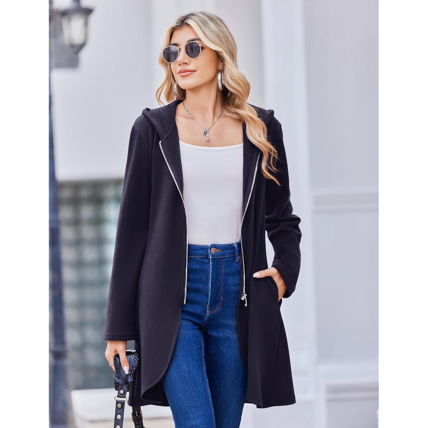 Women’s Long Fleece Zip-Up Hoodie – Oversized Casual Fall Jacket