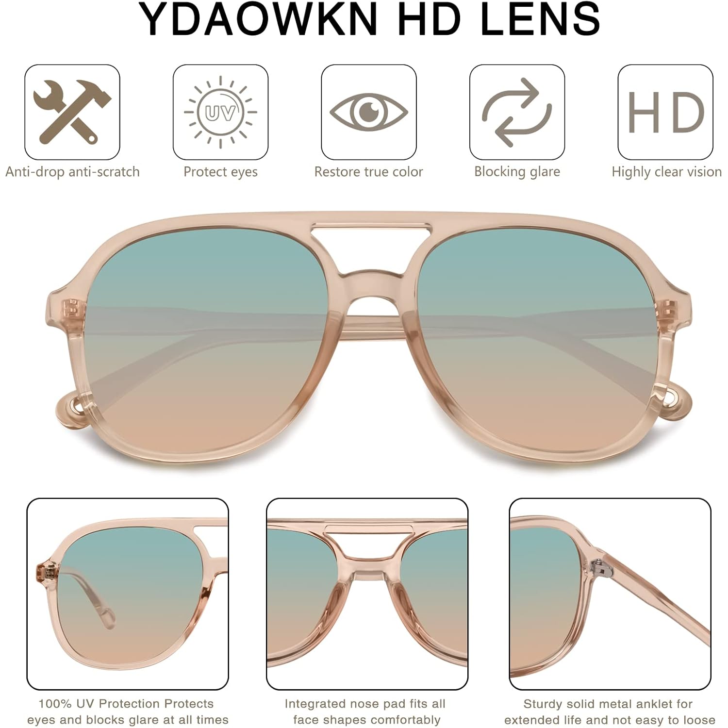 Ydaowkn Retro Square Aviator Sunglasses For Womens Mens Vintage Double Bridge Sun Glasses