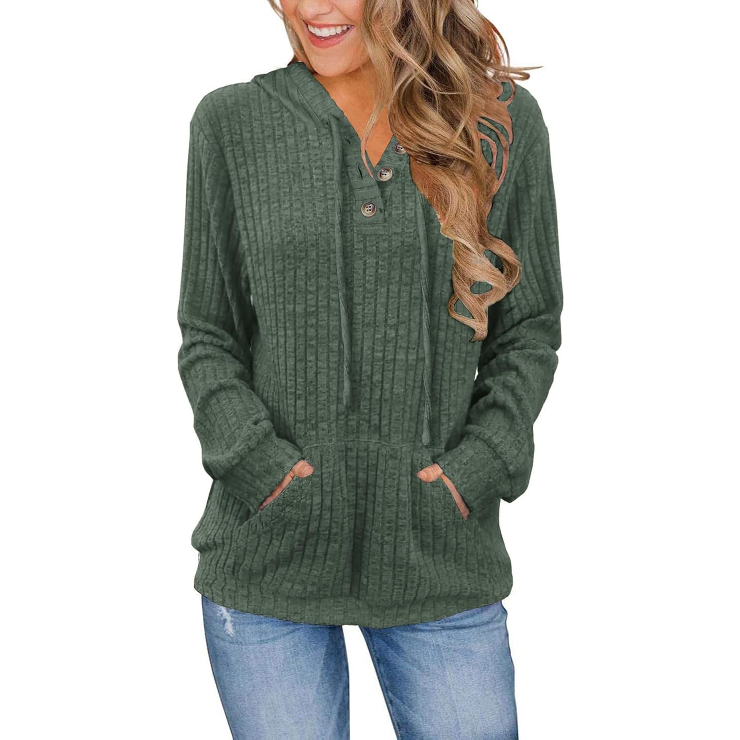 Women’s Button Neck Hoodie – Casual Long Sleeve Tunic Sweatshirt