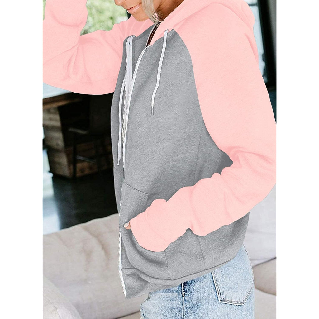 Women’s Color Block Zip-Up Hoodie – Lightweight Casual Sweatshirt