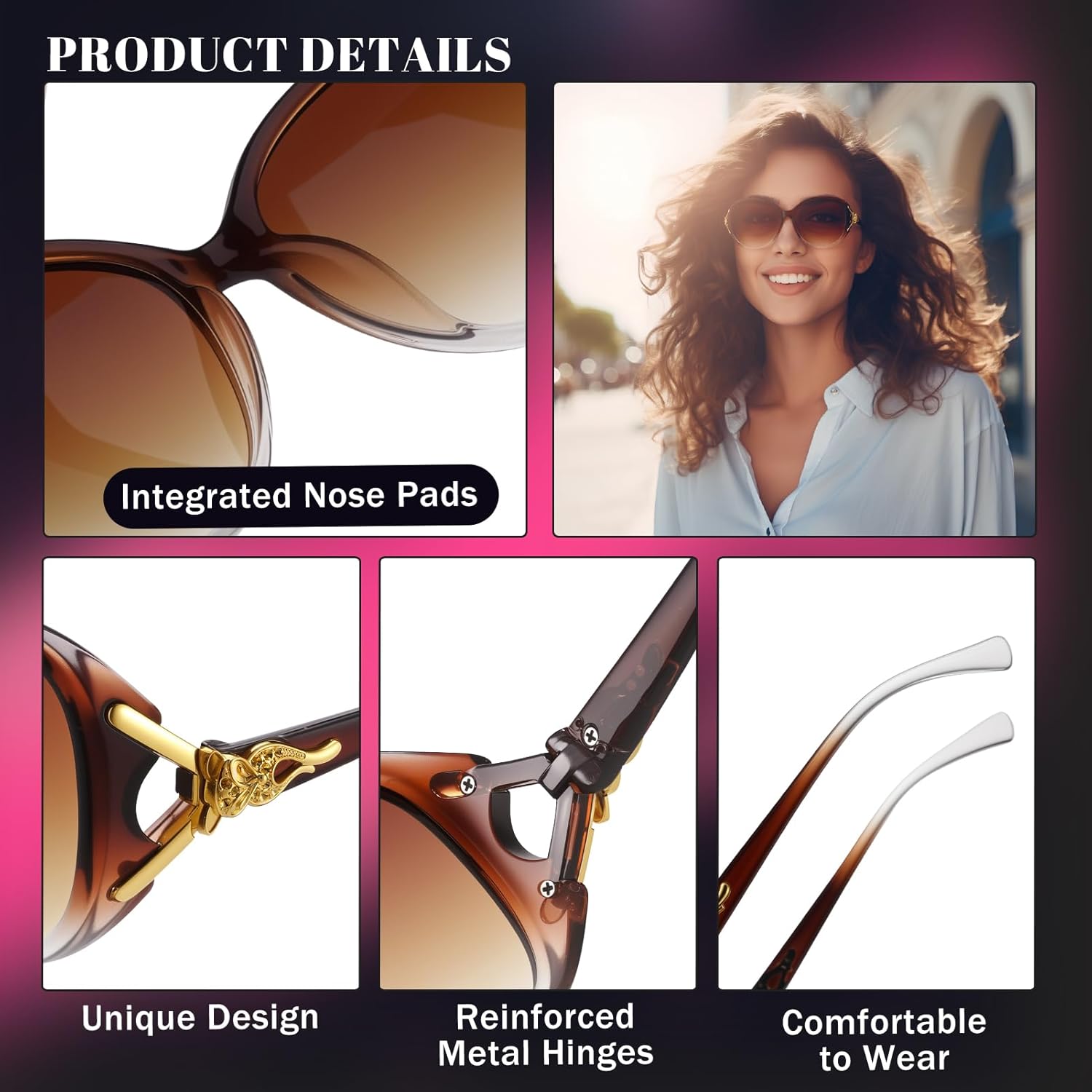 Pack Trendy Round Polarized Sunglasses For Women Men, Retro Cat Eye Oversized Sun Glasses Protection For Outdoor(Black, Brown, Purple, Floral)