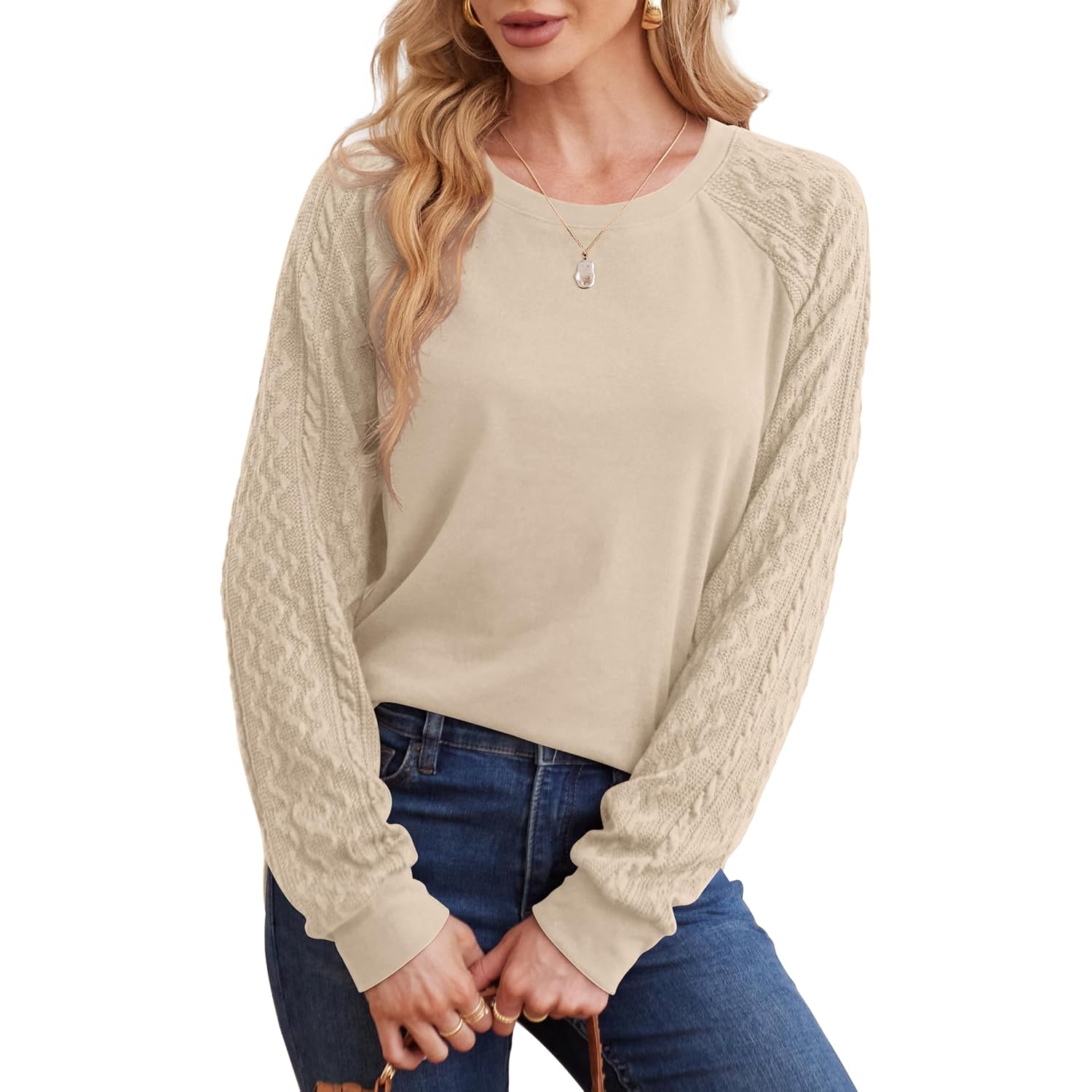 Women’s Crewneck Sweatshirt – Cable Knit Sleeve Pullover