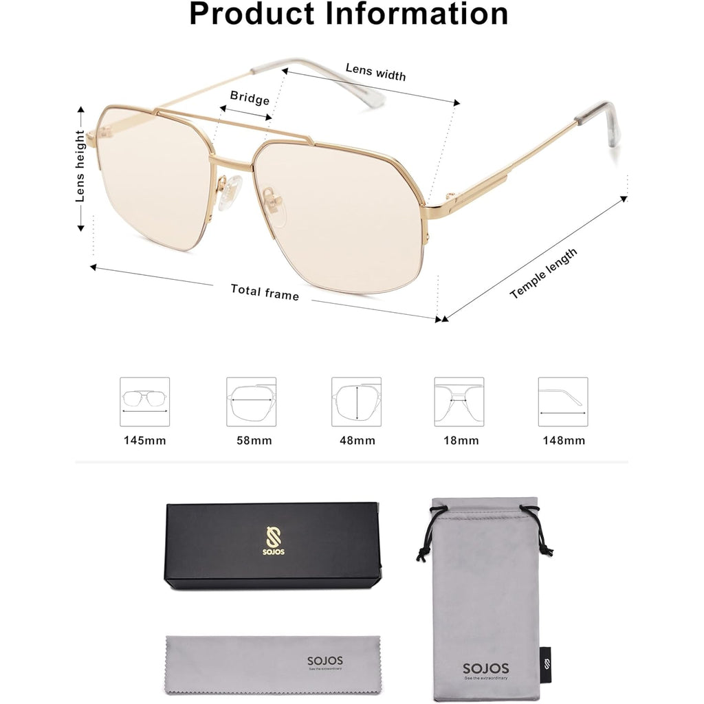 Sojos Trendy Aviator Sunglasses Mens Womens Retro Double Bridge Metal Frame Semi-Rimless Shades