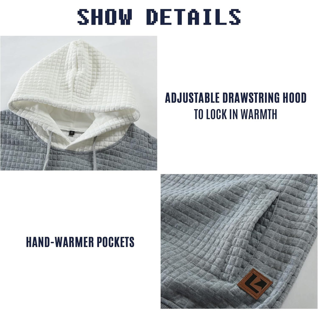 Men’s Sweatshirts Long Sleeve Pullover Patchwork Plaid Jacquard Hoodie Casual Drawstring Hoody Top