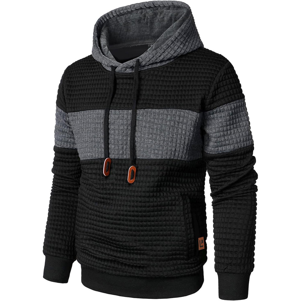 Men’s Sweatshirts Long Sleeve Pullover Patchwork Plaid Jacquard Hoodie Casual Drawstring Hoody Top