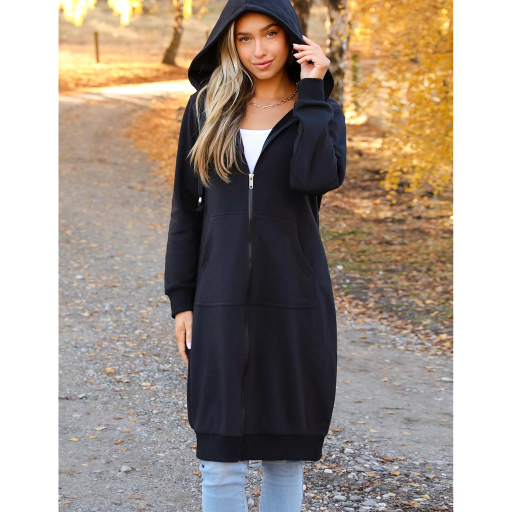 Women’s Long Fleece Zip-Up Hoodie – Oversized Tunic Sweatshirt Jacket