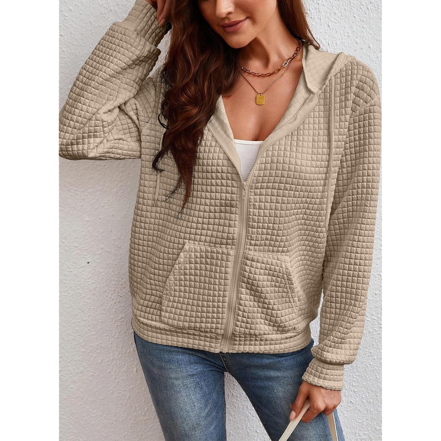 Women’s Oversized Waffle Knit Zip Hoodie – Casual Fall Hooded Jacket