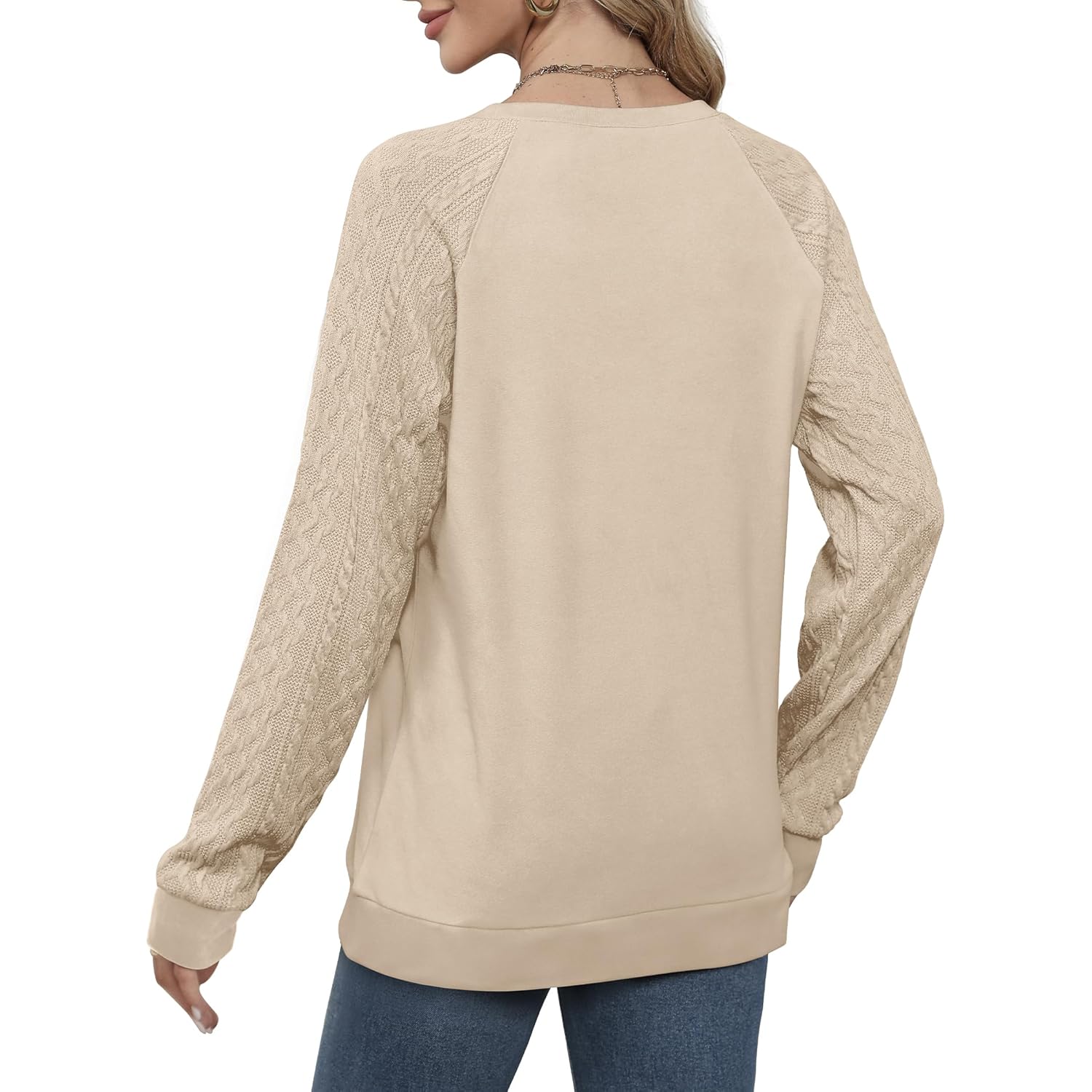 Women’s Crewneck Sweatshirt – Cable Knit Sleeve Pullover