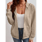 Women’s Oversized Waffle Knit Zip Hoodie – Casual Fall Hooded Jacket