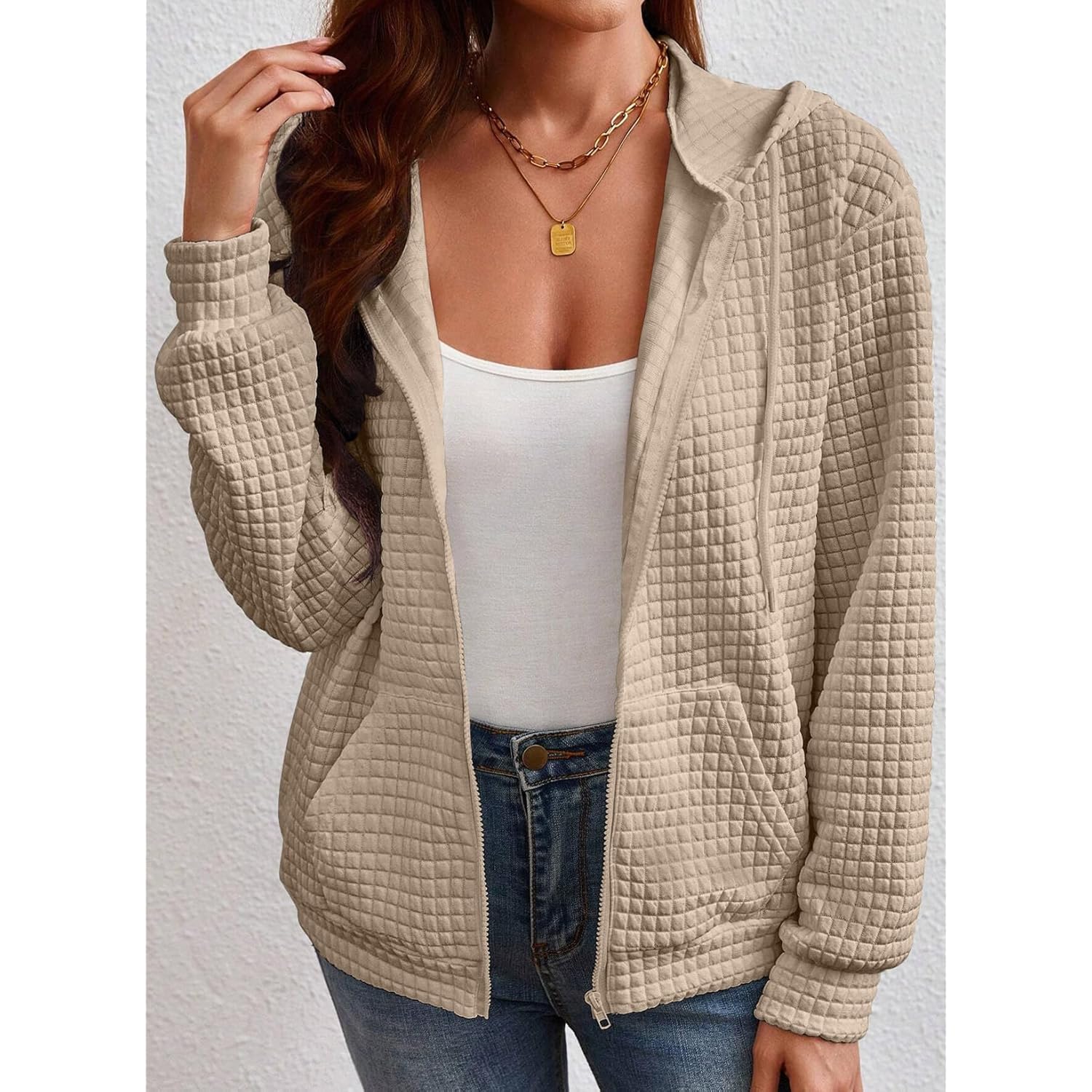 Women’s Oversized Waffle Knit Zip Hoodie – Casual Fall Hooded Jacket