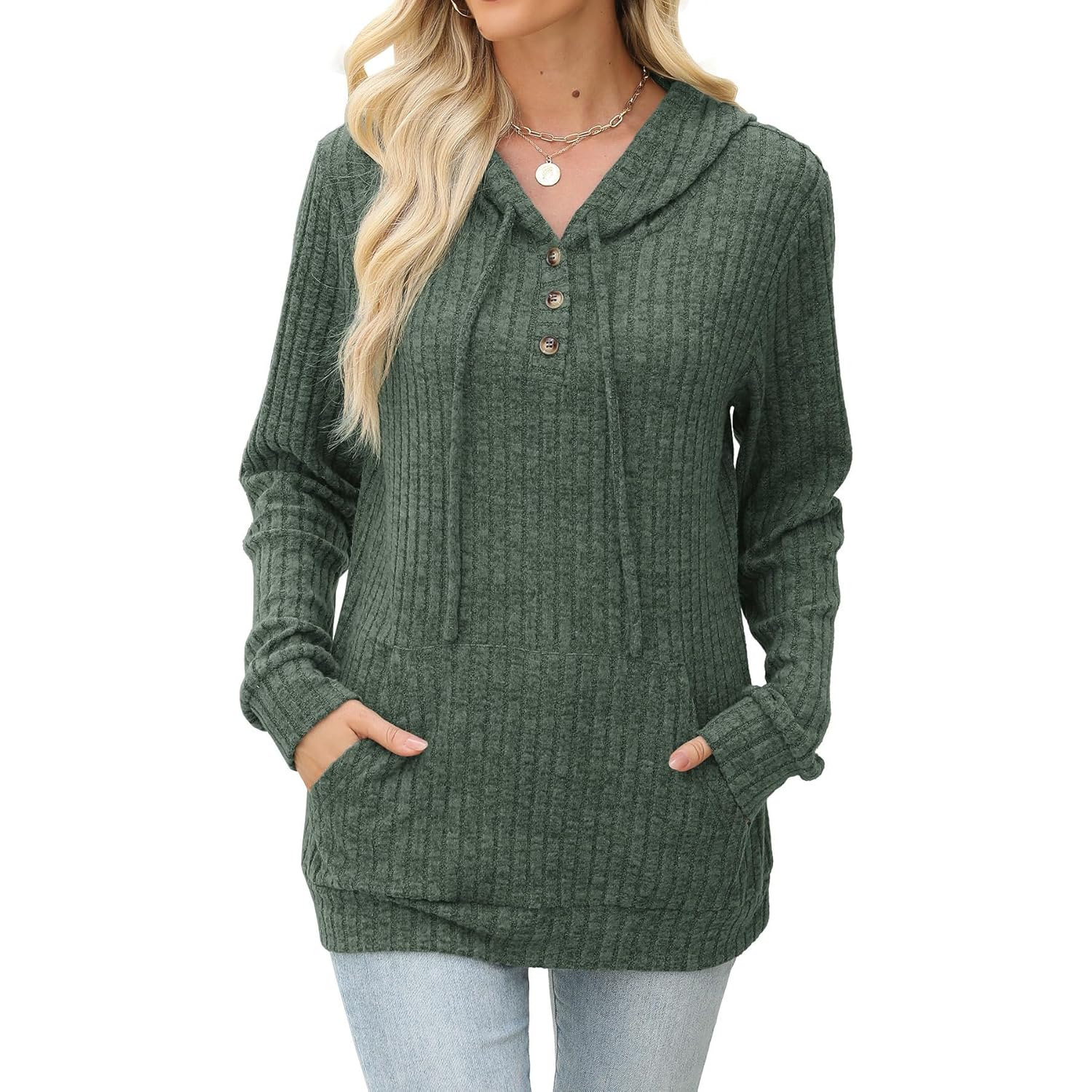 Women’s Button Neck Hoodie – Casual Long Sleeve Tunic Sweatshirt