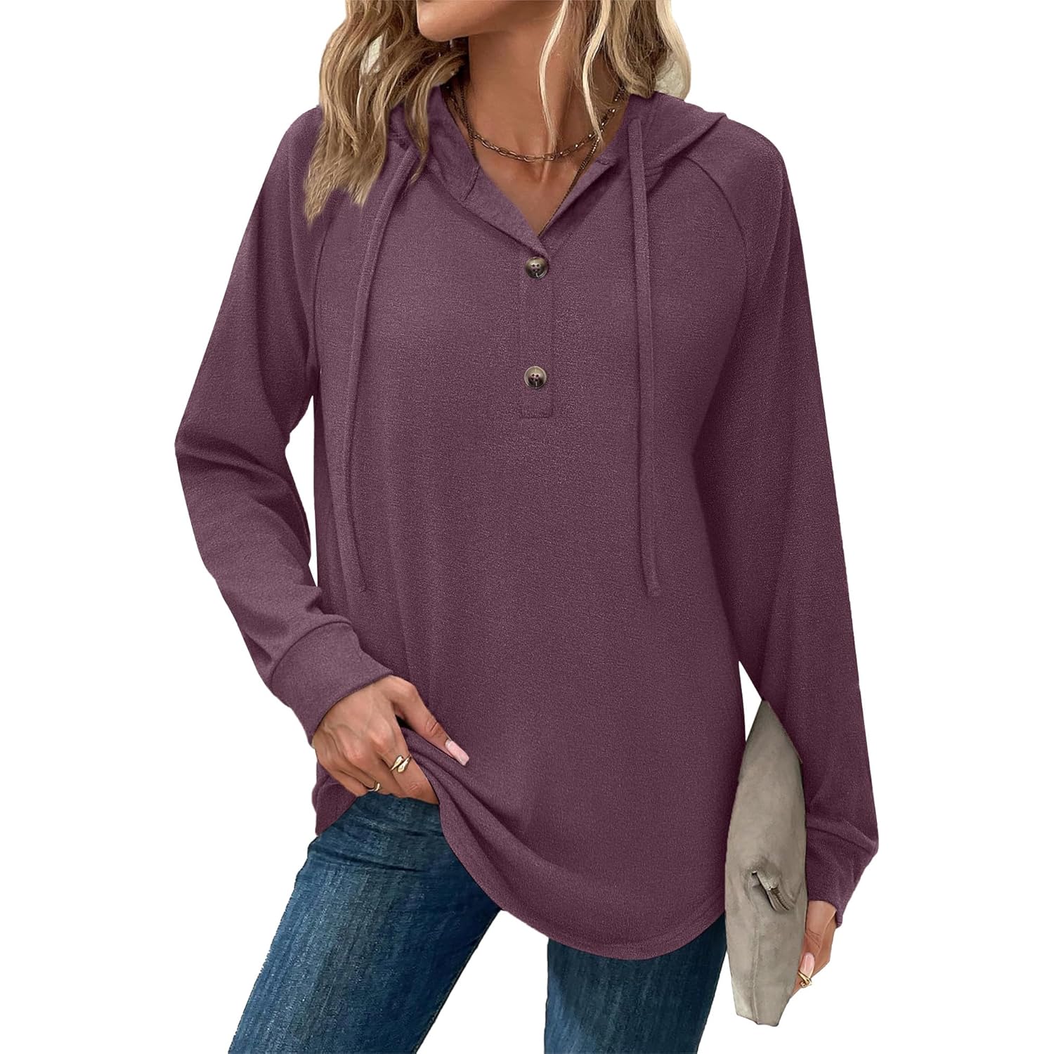 Women’s V-Neck Button Hoodie – Casual Long Sleeve Pullover Top